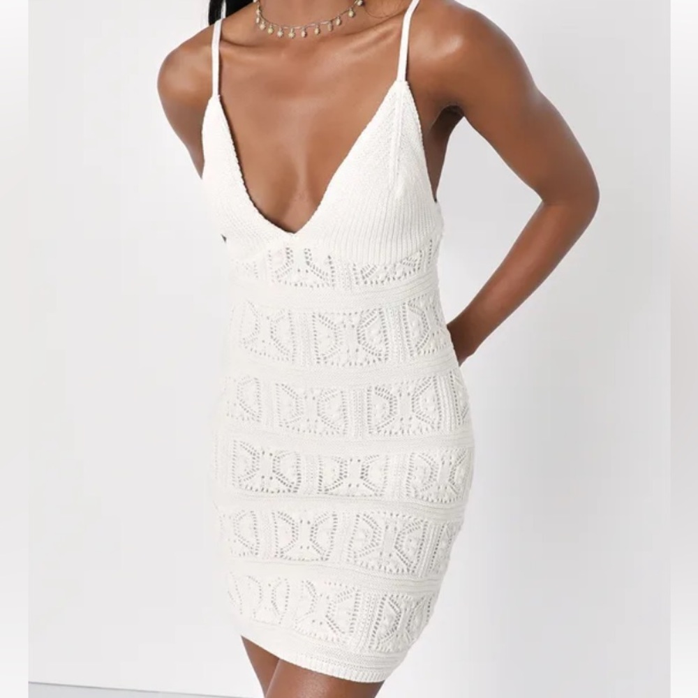 Palm Tree Paradise Ivory Crochet Sleeveless Mini Dress